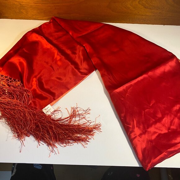 Vintage Red & Orange 100% Silk Scarf or Shawl With Fringe 24 x 60" - Picture 1 of 7